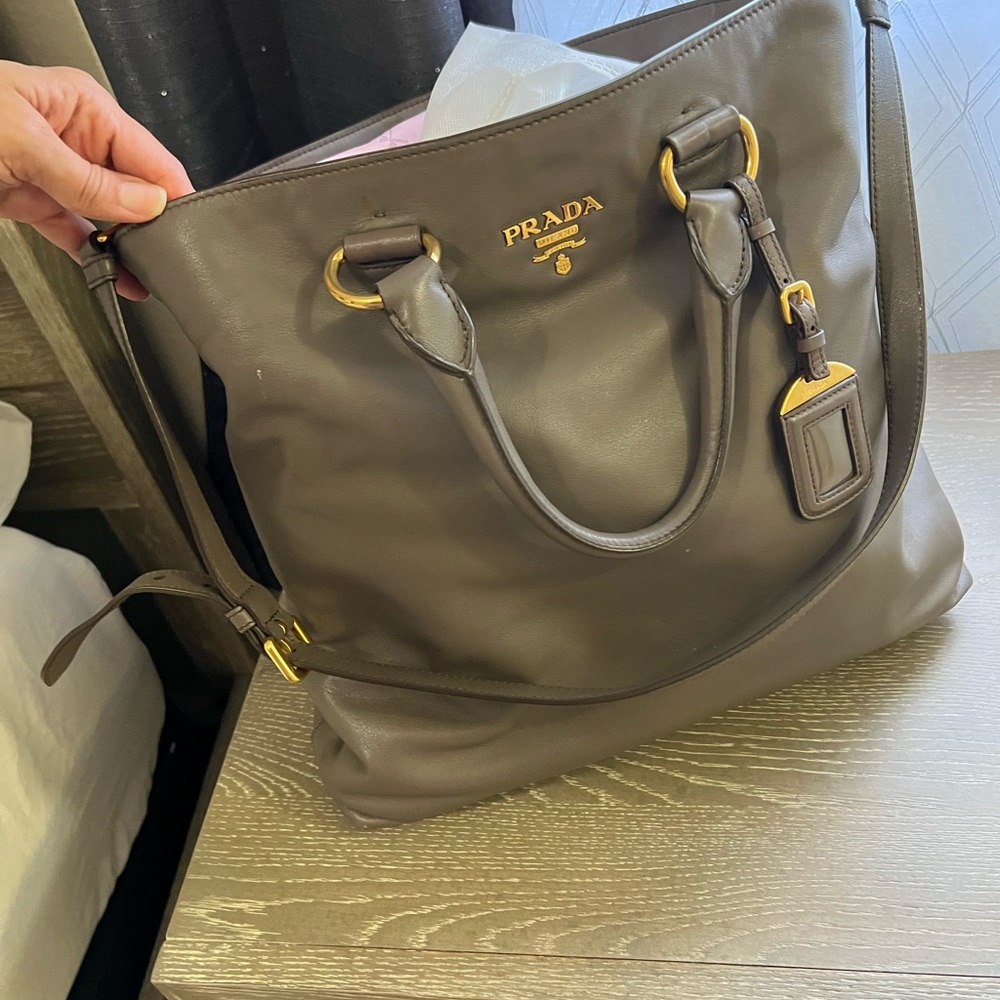 Like new large Prada gray soft calf leather tote with strap and dust bag